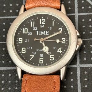 TIME Field Style Watch Black Dial Brown Leather Strap Japan Quartz 35mm Case